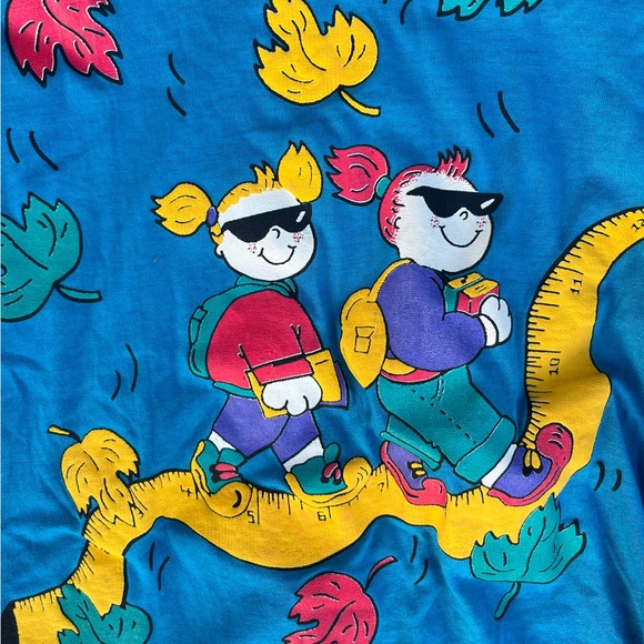 VINTAGE BLUE LONG SLEEVE TSHIRT WITH STUDENTS RIDING A RULER 4-6X - Picture 2 of 5